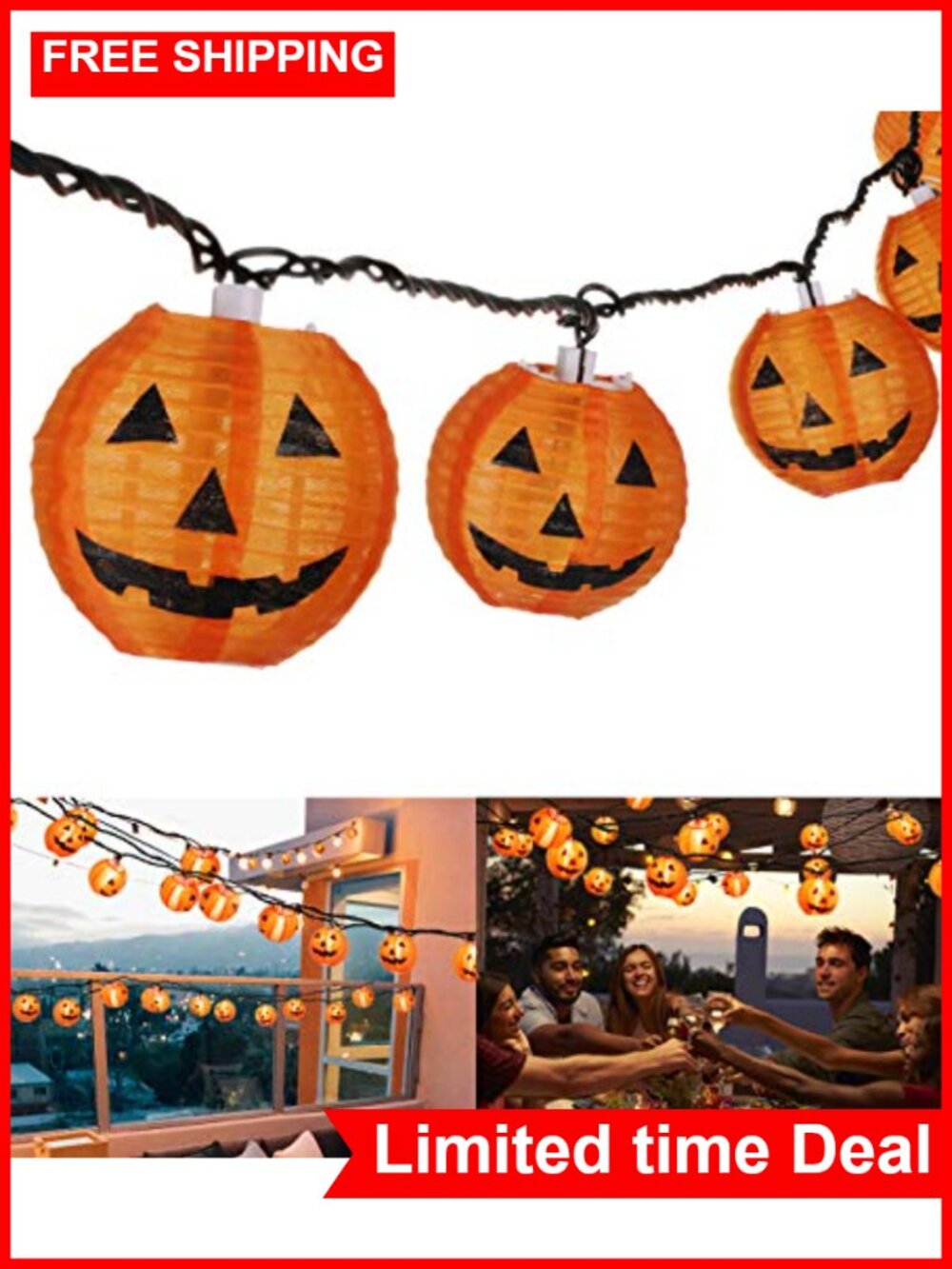 Pumpkin String Lights Halloween Decor 10 Orange Lanterns Plug In Outdoor